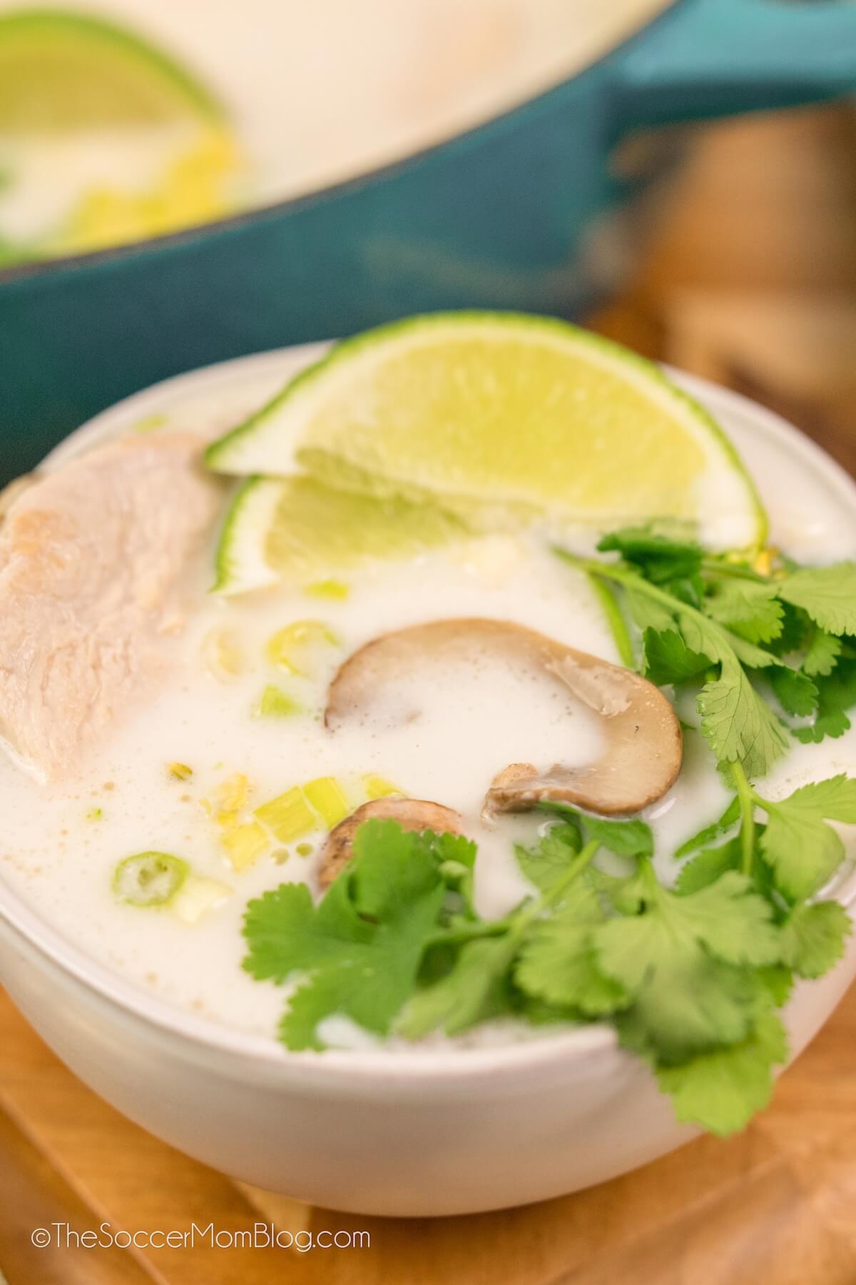 close up of a bowl of Tom Kha soup made with coconut milk, cilantro, mushrooms, and lime.