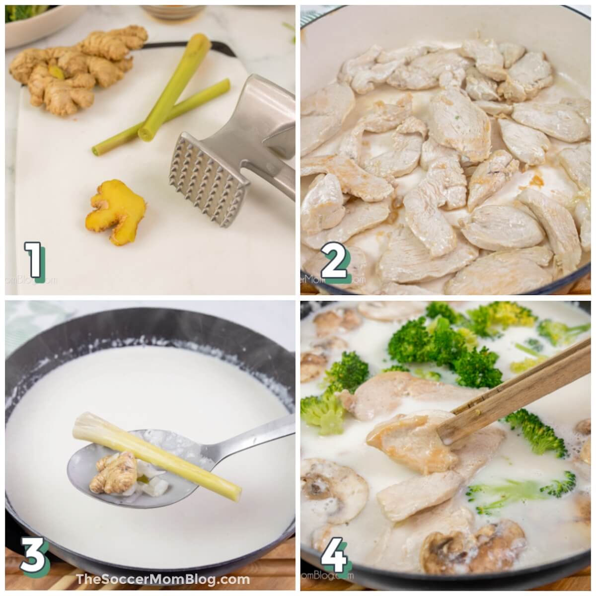 4 step photo collage showing how to make Tom Kha soup.