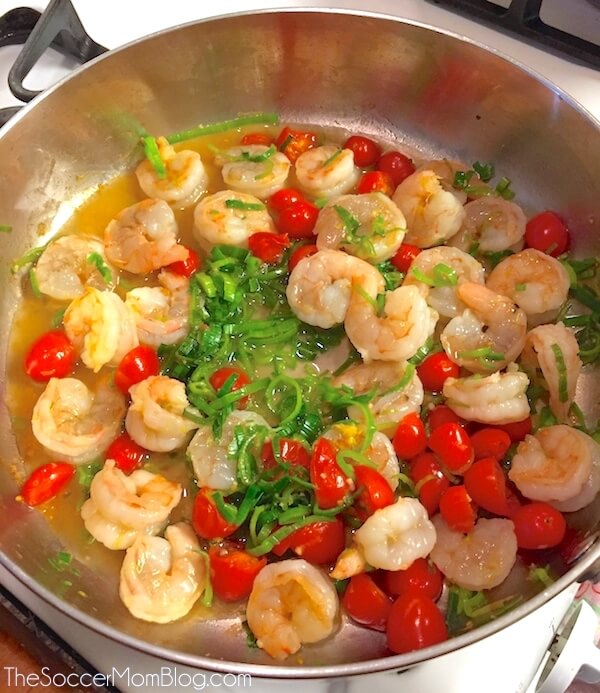 Shrimp and vegetable broth in pan