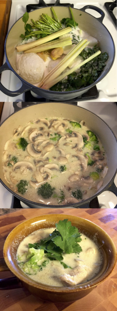 My hubby's recipe for delicious Tom Kha soup-- creamy coconut milk steeped with herbs and finished with just the right zip of lime. Authentic Thai food at home!