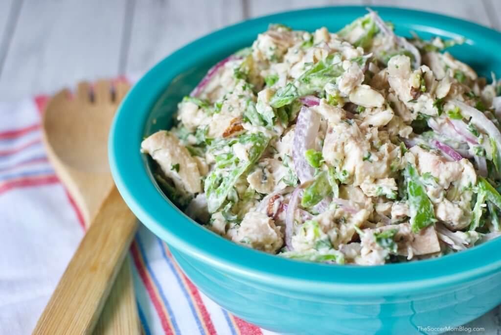 Asparagus & Dill Chicken Salad in a teal serving bowl