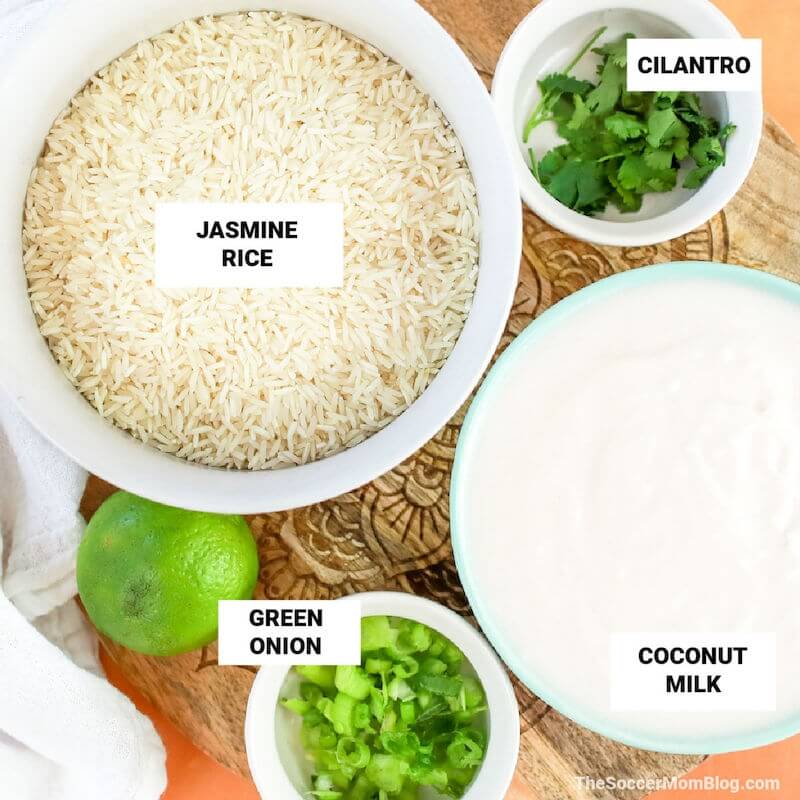 coconut rice ingredients on counter, with text labels