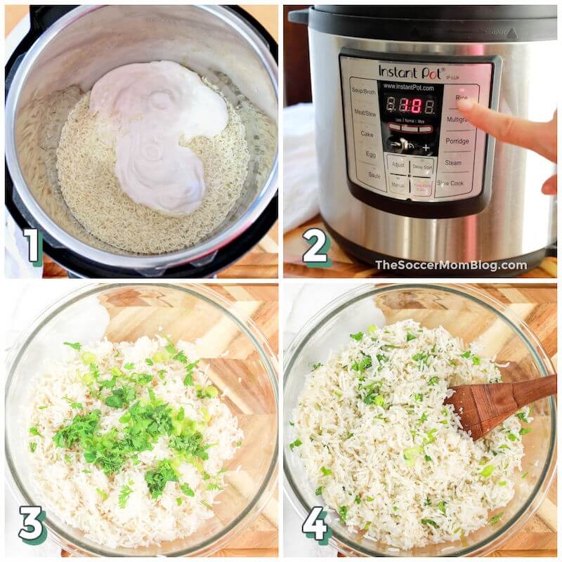 4 step photo collage showing how to make coconut rice in an Instant Pot