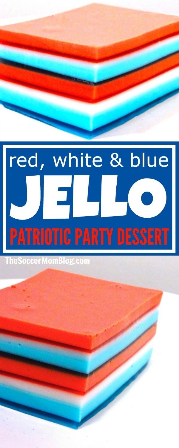 two photo vertical collage of red white and blue layered jello salad dessert