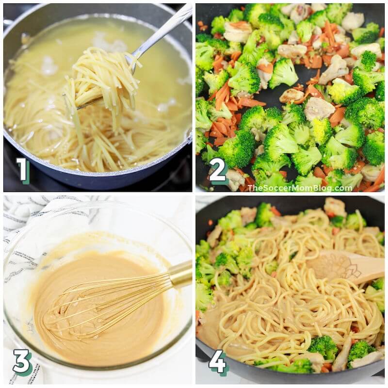 4 step photo collage showing how to prepare Thai peanut noodles