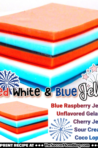 red white and blue layered jello dessert, with ingredients text overlay