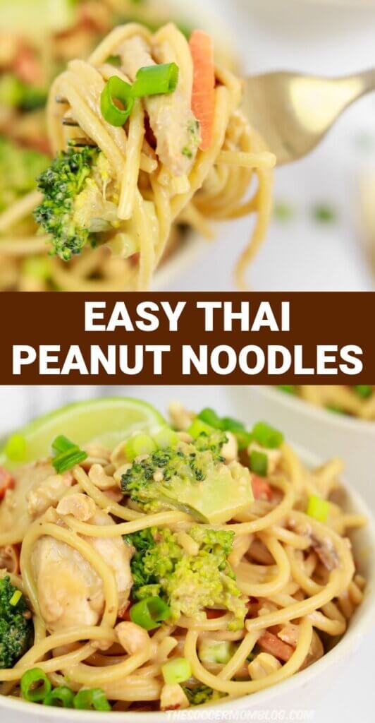 2 photo collage of noodle dish with text overlay; "Easy Thai Peanut Noodles"