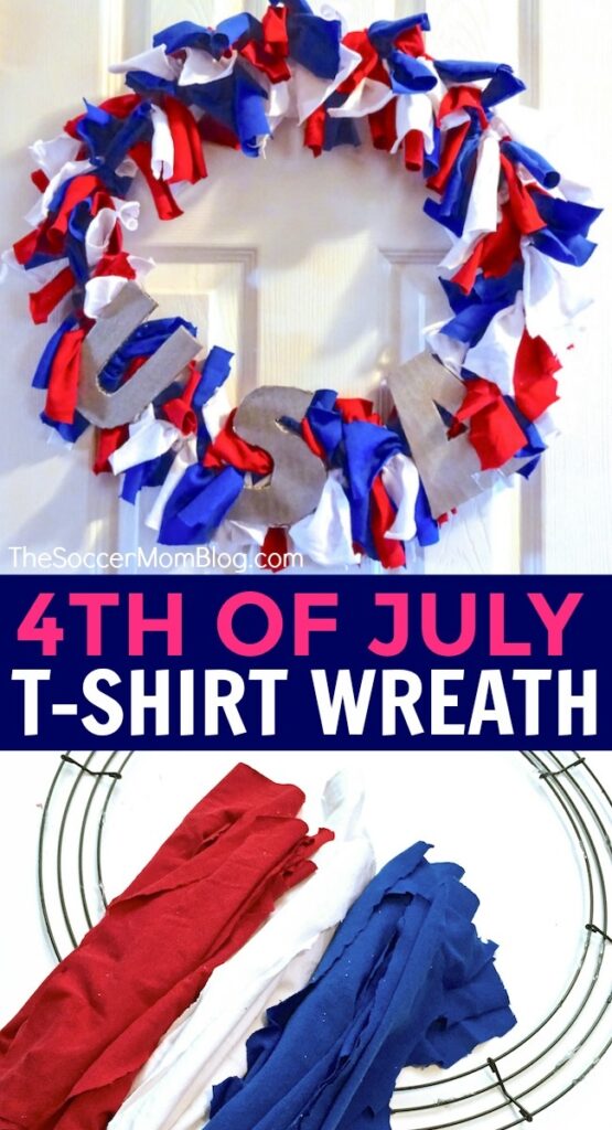How to make an easy DIY Upcycled T-Shirt 4th of July Wreath in minutes! An easy and festive holiday craft idea that kids can make too!