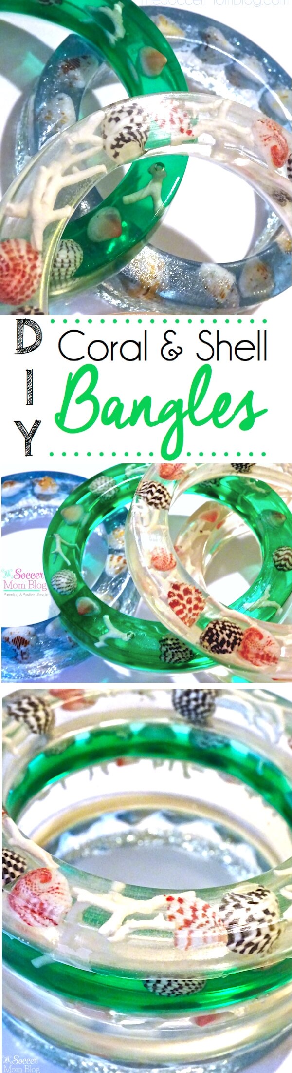 A gorgeous way to use shells from your beach vacation! Photo instructions to make your own unique and stunning DIY Coral and Shell Resin Bangles!