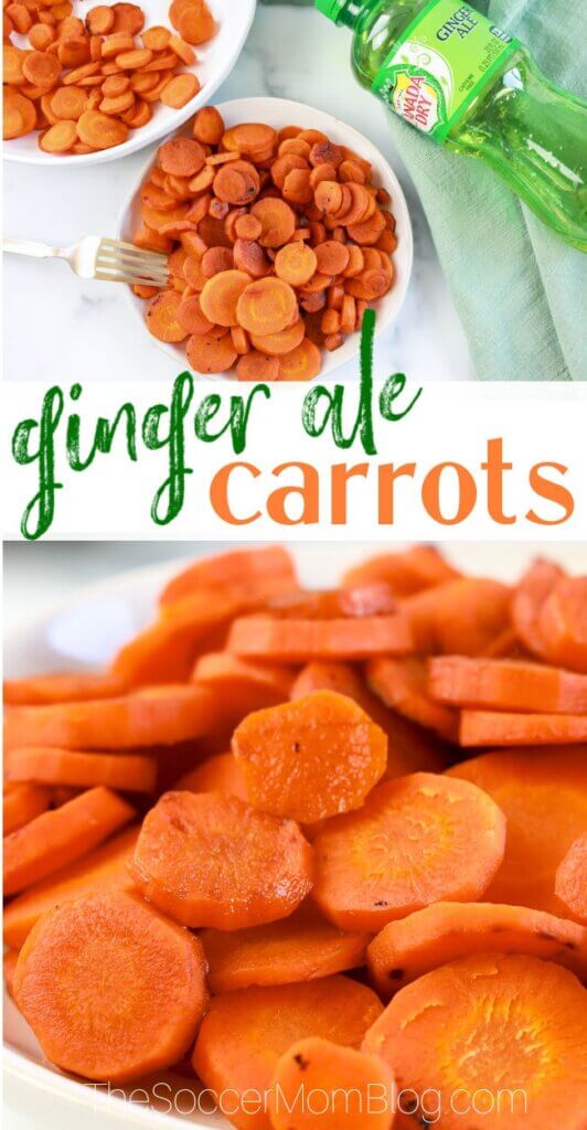 collage image of glazed carrots and a bottle of ginger ale