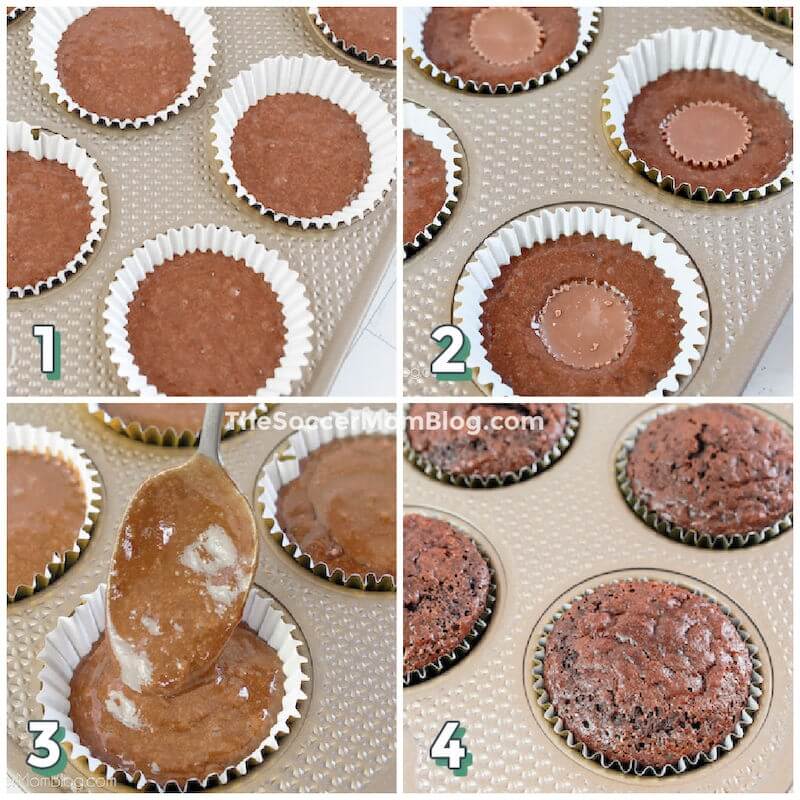 4-step photo collage showing how to make Reese's stuffed cupcakes