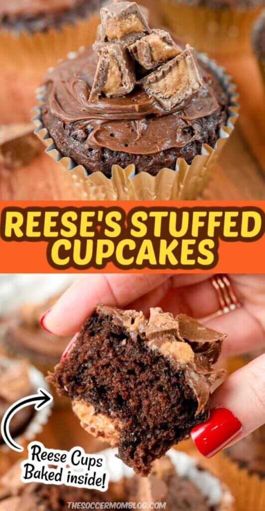 2 photo collage showing inside and outside of a Reese's stuffed cupcake