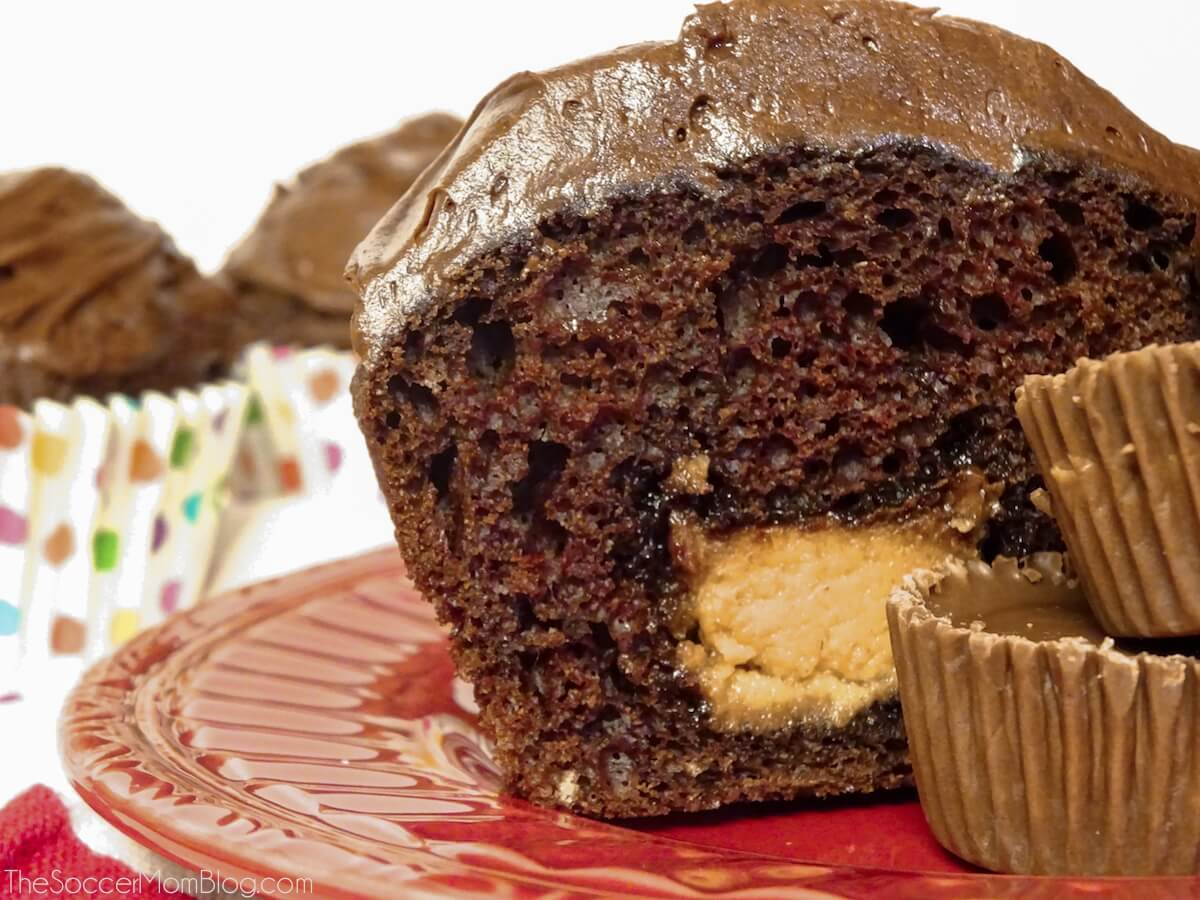 chocolate cupcake filled with Reese's peanut butter cup