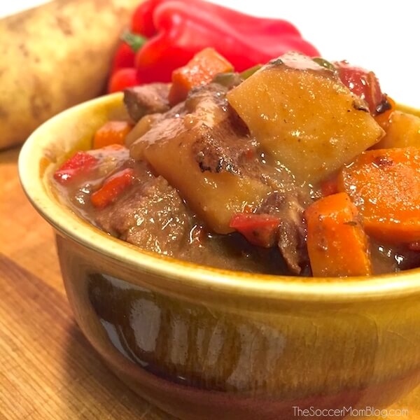 Mexican Carne Guisada in bowl with vegetables in background