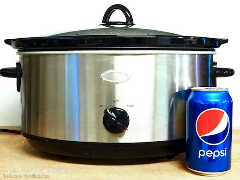 slow cooker and can of Pepsi