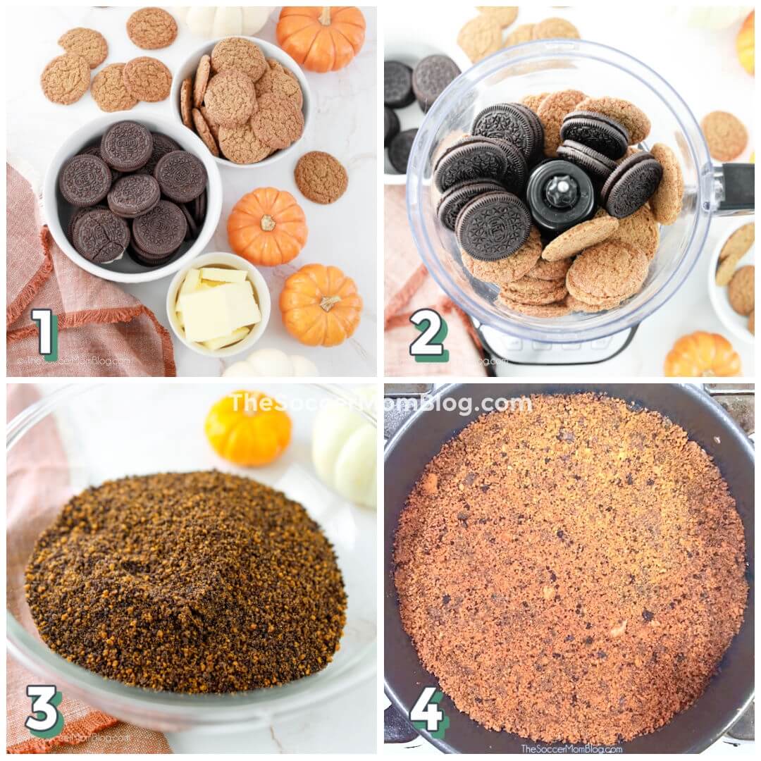 step by step photo collage showing how to make a chocolate gingersnap crust