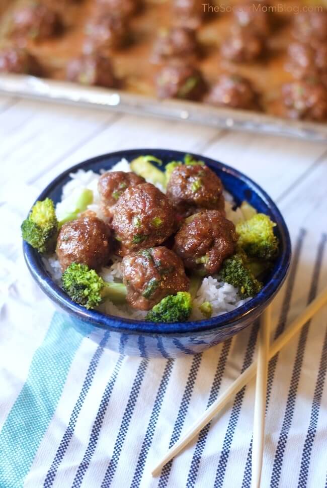 Korean BBQ meatballs in bowl with rice and broccoli