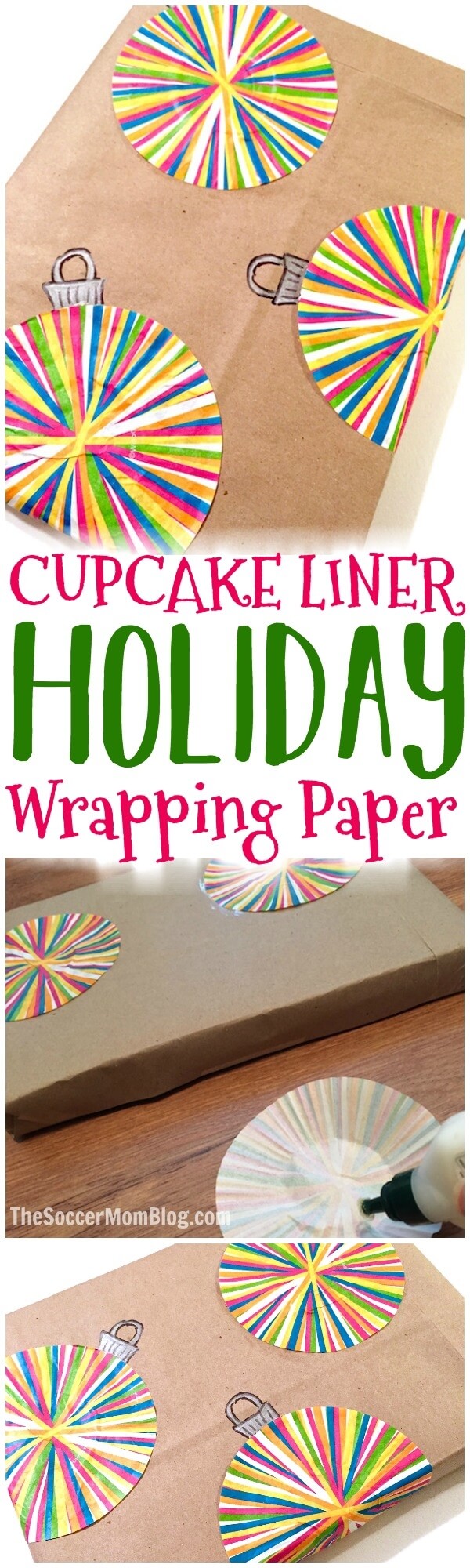 Easy homemade Christmas wrapping paper made with cupcake liners and recycled materials.