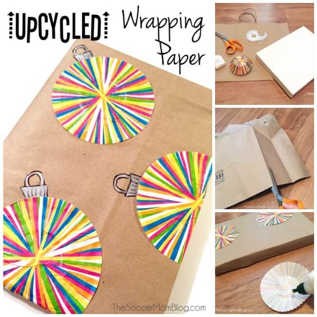This upcycled wrapping paper can be made entirely with things found in your kitchen! An easy and "green" Christmas DIY craft that's perfect to do with kids! 