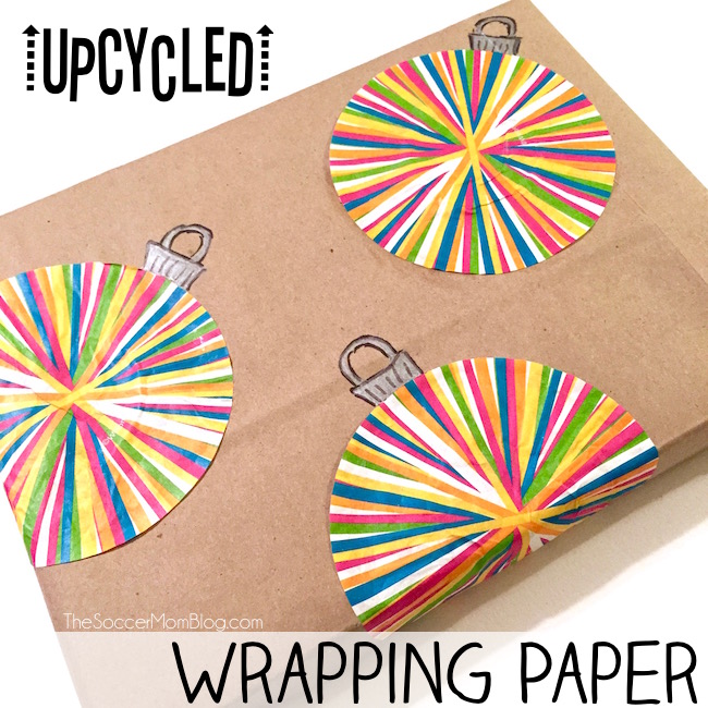 This upcycled wrapping paper can be made entirely with things found in your kitchen! An easy, fun DIY that's perfect to do with kids! Plus it's "greener!"