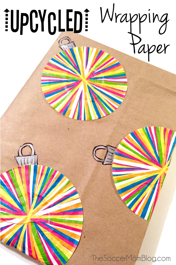 Easy homemade Christmas wrapping paper made with cupcake liners and recycled materials.
