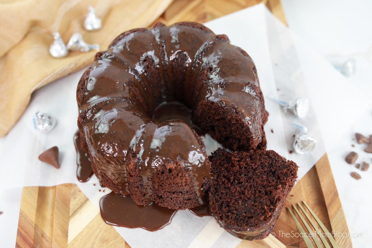 chocolate bundt cake made with Hershey Kisses