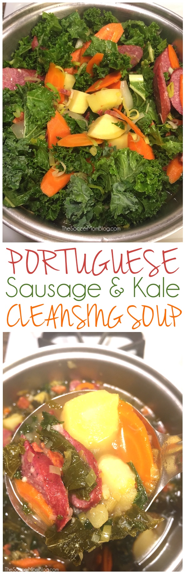 Portuguese Sausage and Kale Soup is the PERFECT recipe for getting your eating on track after the holidays! Packed w/veggies & protein, plus it couldn't be easier: a one-pot meal!