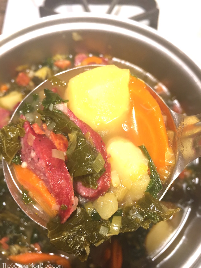 Portuguese Sausage and Kale Soup is the PERFECT recipe for getting your eating on track after the holidays! Packed w/veggies & protein, plus it couldn't be easier: a one-pot meal!