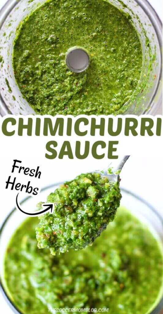 2 photo vertical collage with homemade chimichurri sauce