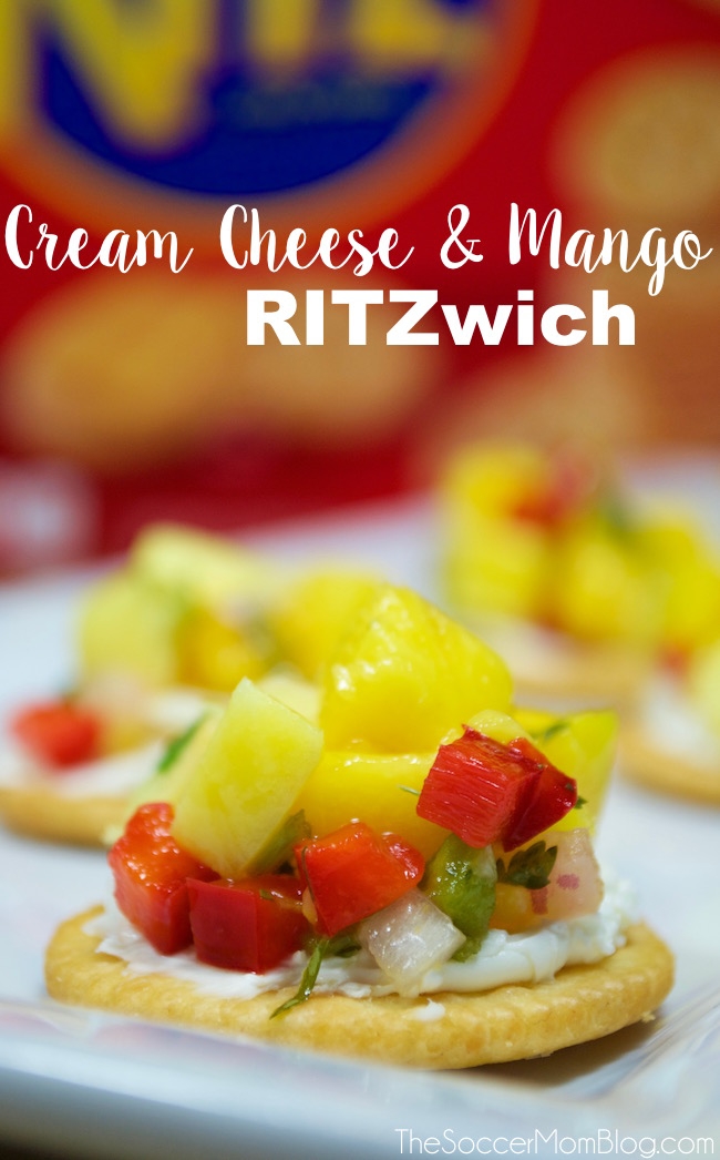 It's not a party without RITZ Crackers! These 3 amazingly easy RITZ Cracker recipes will be the hit of your next event, and they take only minutes to make! Cream Cheese & Mango RITZwiches, Spicy Crab & Avocado RITZwiches, & Quesadilla Fresca RITZwiches