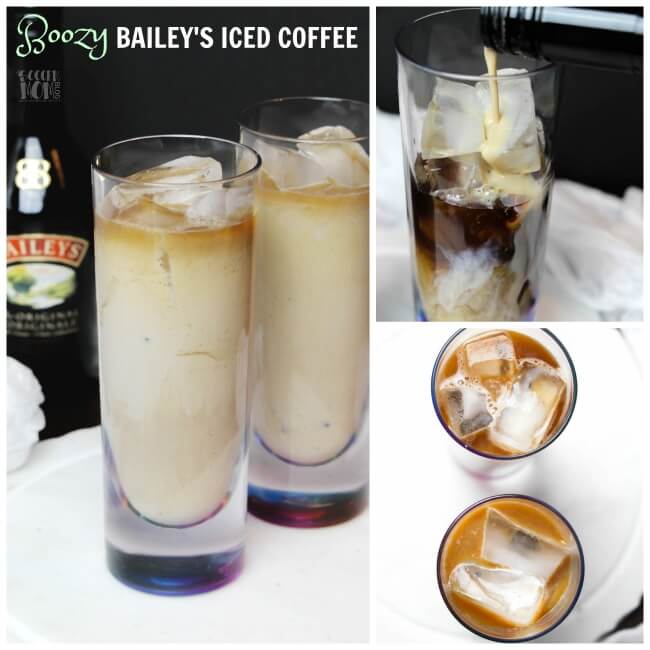 collage of photos showing a bailey's iced coffee drink