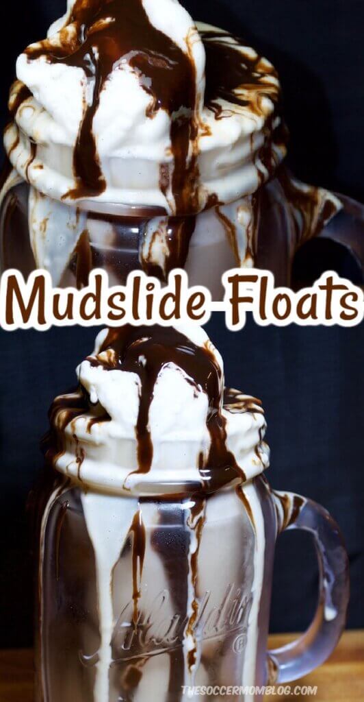 two photos showing mudslide cocktail with ice cream; text overlay "Mudslide Floats"