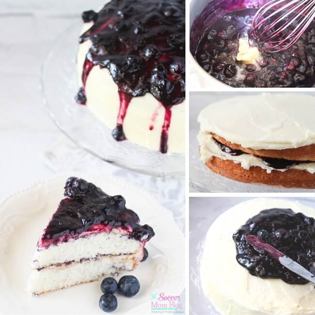 Sweet-and-tart, sticky blueberry pie topping over luscious vanilla buttercream frosting & soft vanilla cake — Blueberry Pie Cake is a truly perfect dessert!