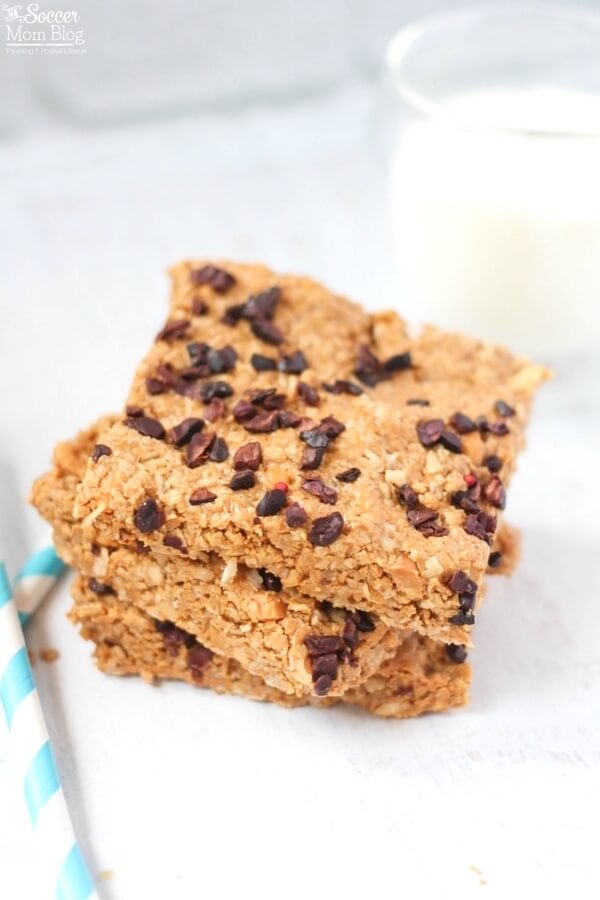 Healthy Peanut Butter & Chocolate Chip Granola Bars with a glass of milk