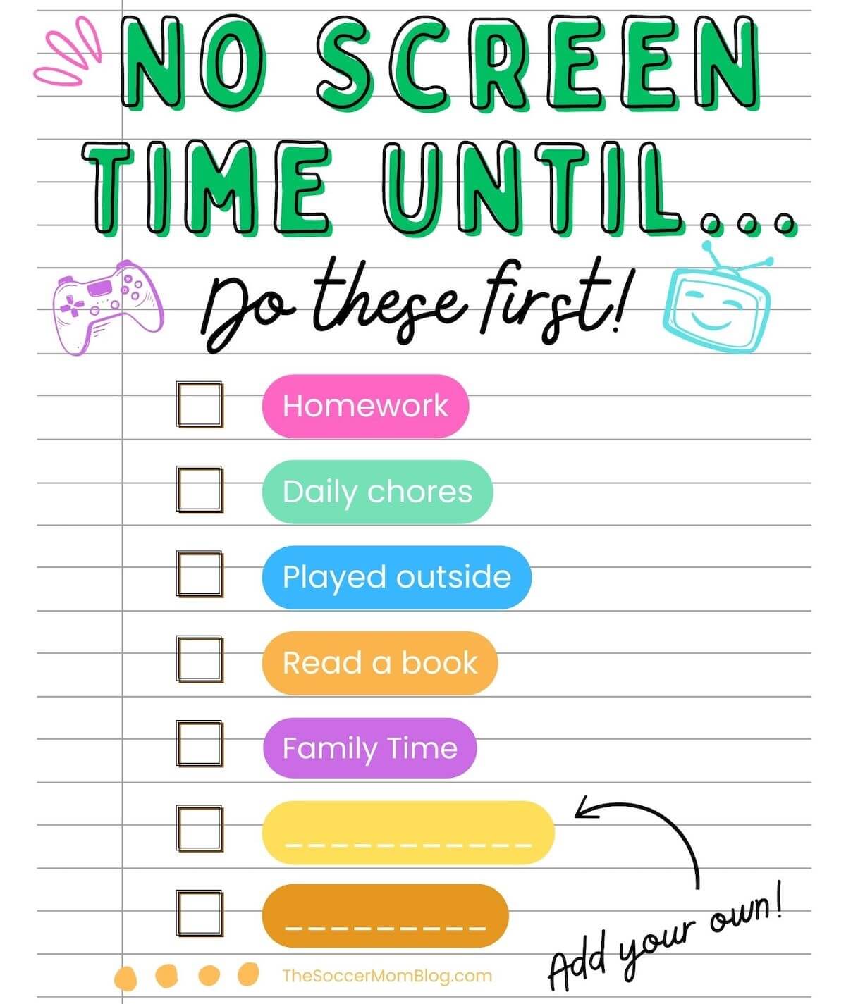 Printable checklist of things kids need to do before they have screen time