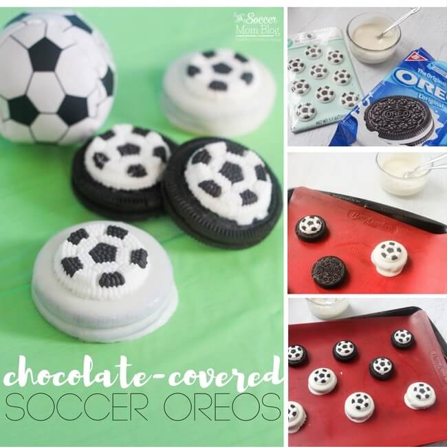 collage showing how to make soccer decorated Oreos