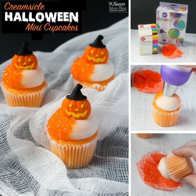 step by step photo collage showing how to make orange creamsicle Halloween cupcakes