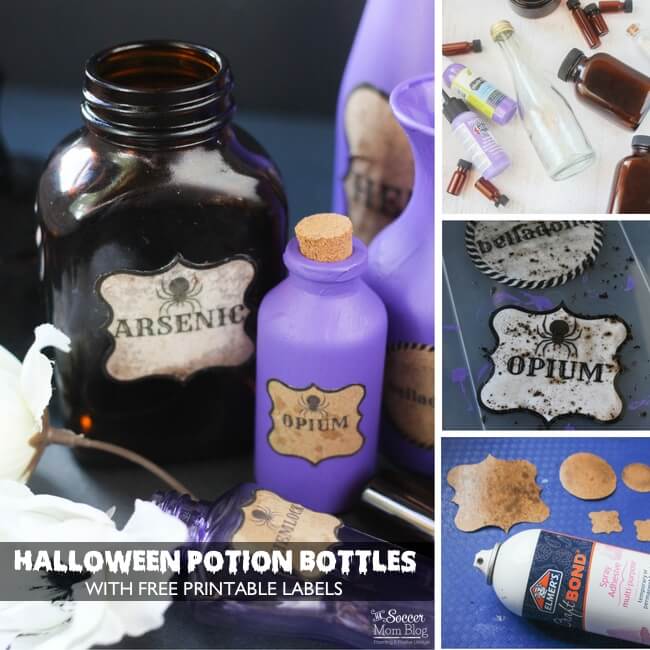 These DIY Halloween Potion Bottles are the perfect spooky touch to your party decor! Easy step-by-step tutorial and free printable labels included!