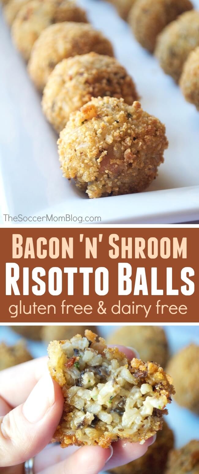 These Bacon & Mushroom Risotto Bites are the perfect party snack or tailgate appetizer because they're bite-size and easy to eat Gluten free & dairy free