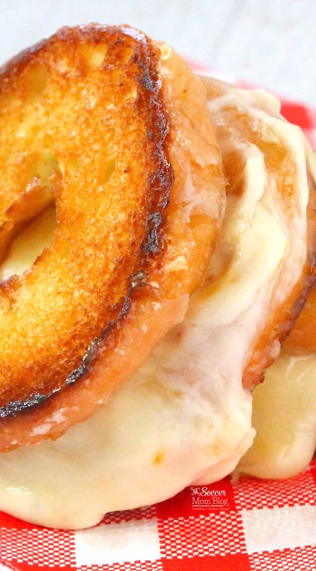 extreme close-up of a donut grilled cheese sandwich