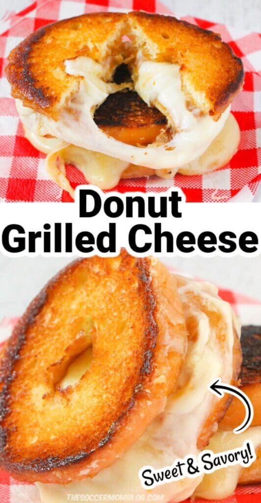 2 photo vertical collage of a donut grilled cheese sandwich