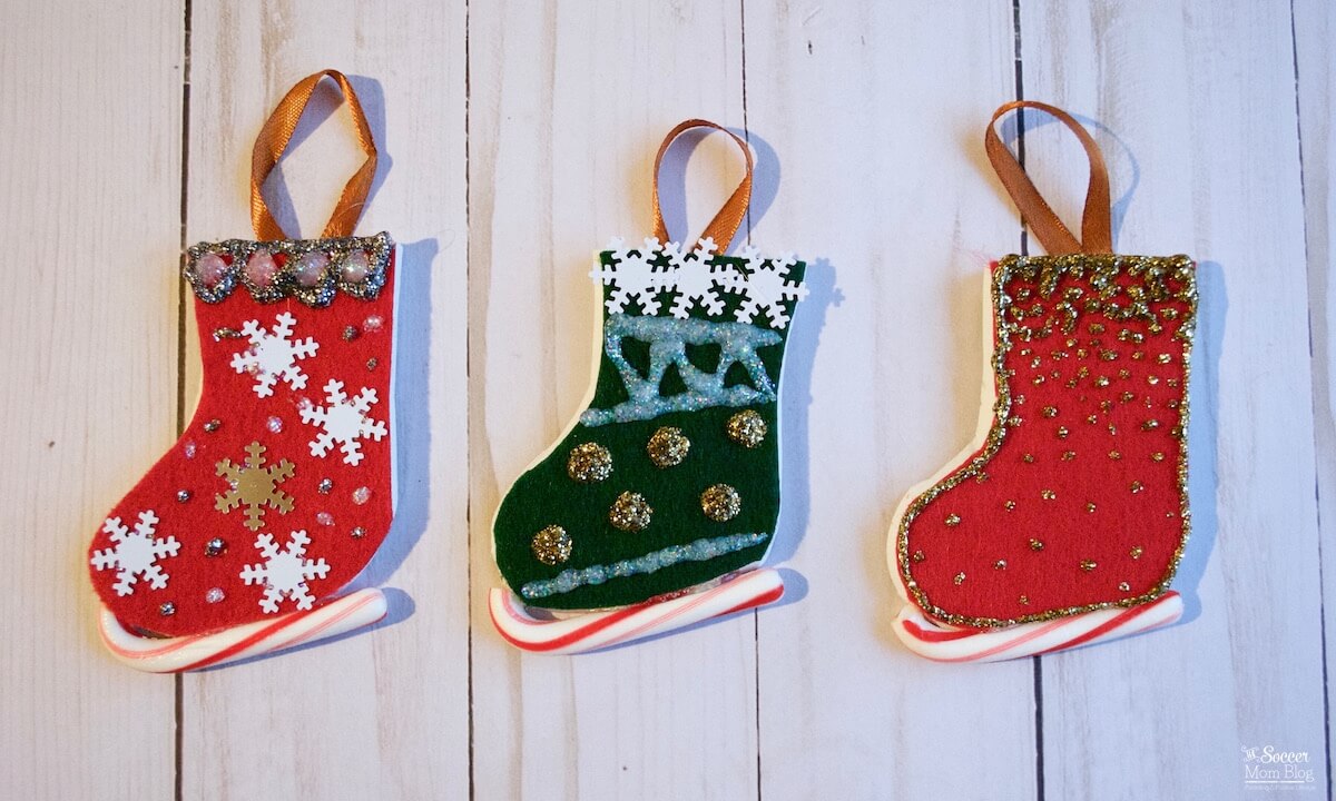 ornaments made to look like ice skates with felt and mini candy canes
