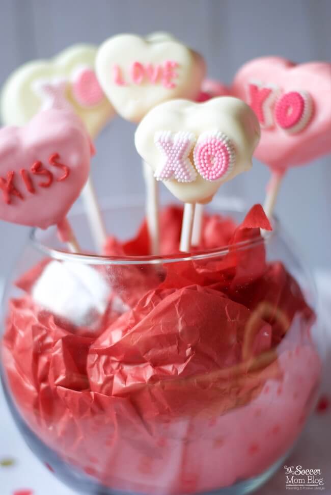 conversation heart marshmallow pops set up in a vase