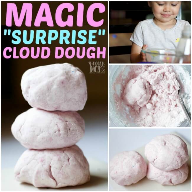Soft, fluffy, "snow" or cloud dough recipe - a perfect indoor sensory play activity for kids of all ages! Easy to make with simple household ingredients. A "magic" transforming dough that kids will love!