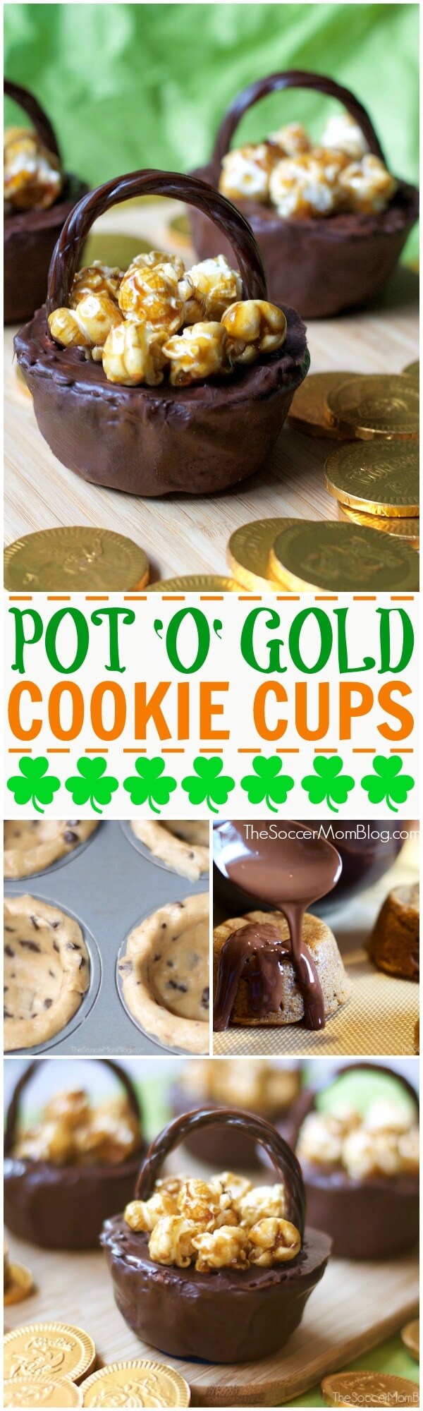 Fun & easy to make (only 4 ingredients!) St. Patrick's Day Cookie Cups look like a pot of gold! (Or chocolate!) A perfect holiday dessert to make with kids!