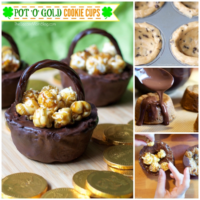 Fun & easy to make (only 4 ingredients!) St. Patrick's Day Cookie Cups look like a pot of gold! (Or chocolate!) A perfect holiday dessert to make with kids!