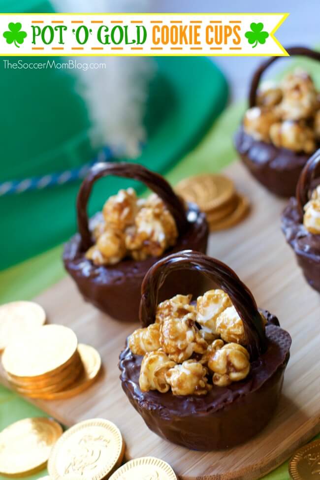 cookie cups coated in chocolate, made to look like a pot of gold