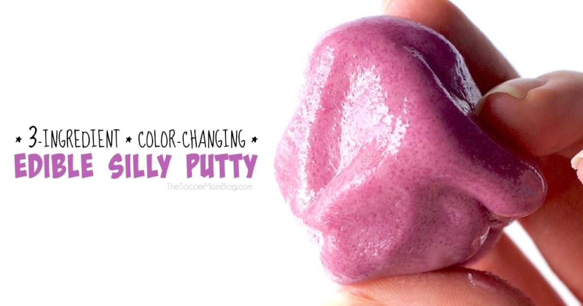 Easy, non-toxic, & only 3 ingredients! This recipe for edible silly putty changes colors while you mix it! A fun, safe slime alternative (No glue required!)