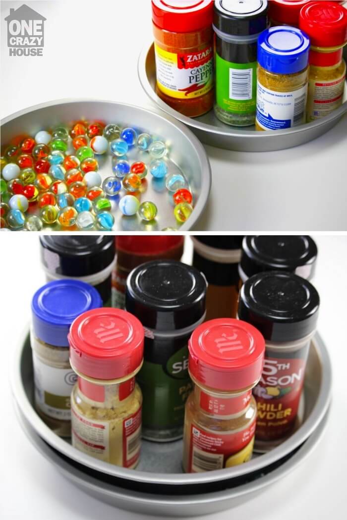 lazy susan made from cake pans and marbles