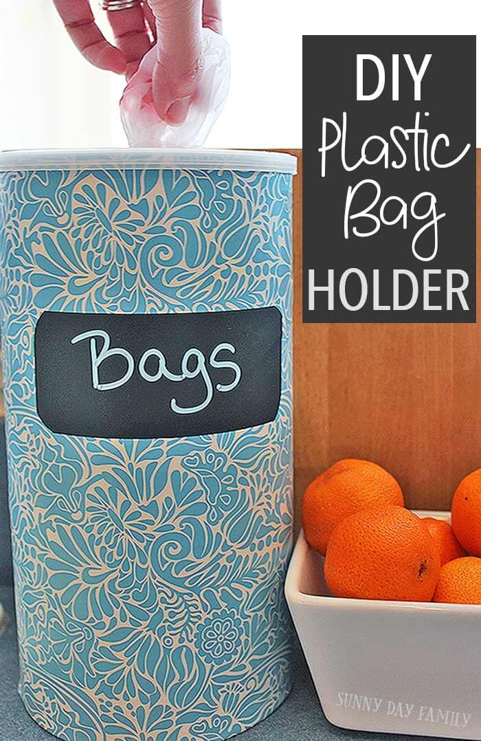 a recycled storage container for plastic grocery bags